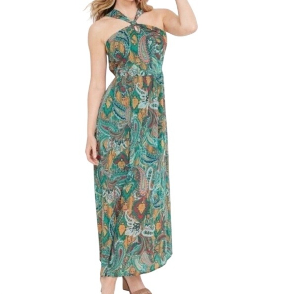 Maurices Women's Green Paisley Smocked Waist Halter Neck Maxi Dress Size M